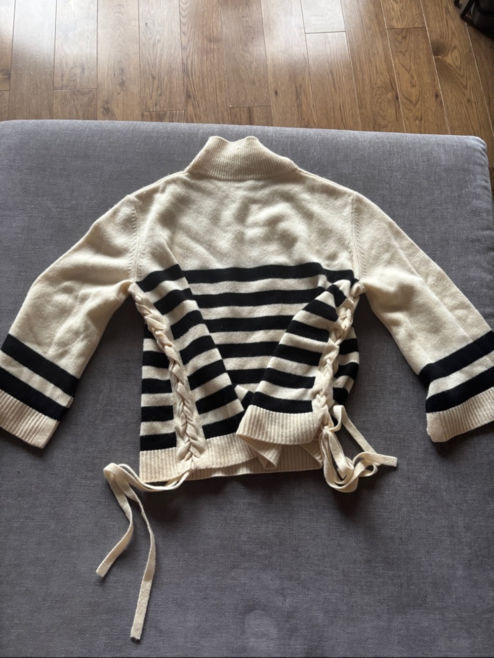 Joie Cream cashmere blend and Black Striped Turtleneck Sweater with Side Ties - Picture 2 of 4